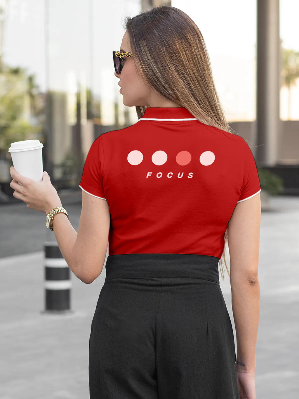 Model wearing Women's Red Collar T-shirt with 'Focus' design printed at the back.