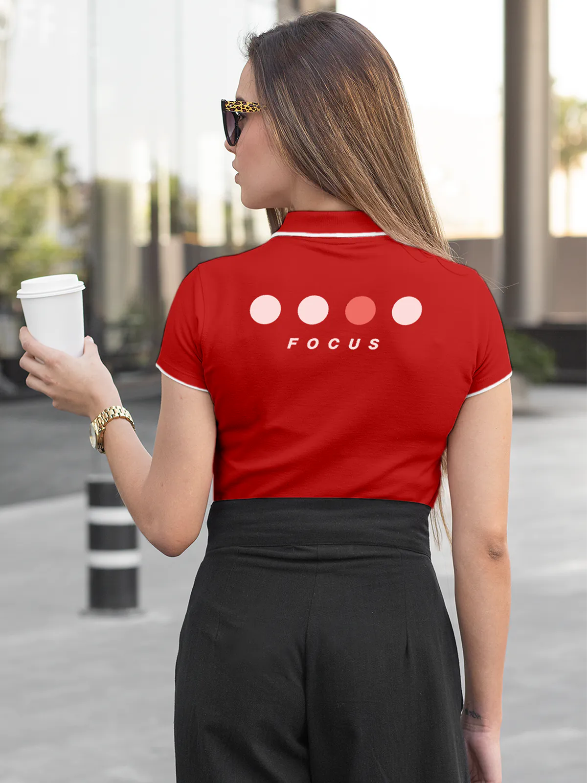 Model wearing Women's Red Collar T-shirt with 'Focus' design printed at the back.