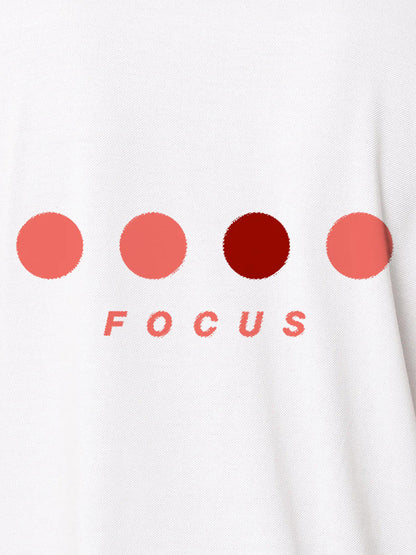 Front view of Fighterhero Men's White Collar T-shirt, highlighting the 'Focus' print design on the chest.