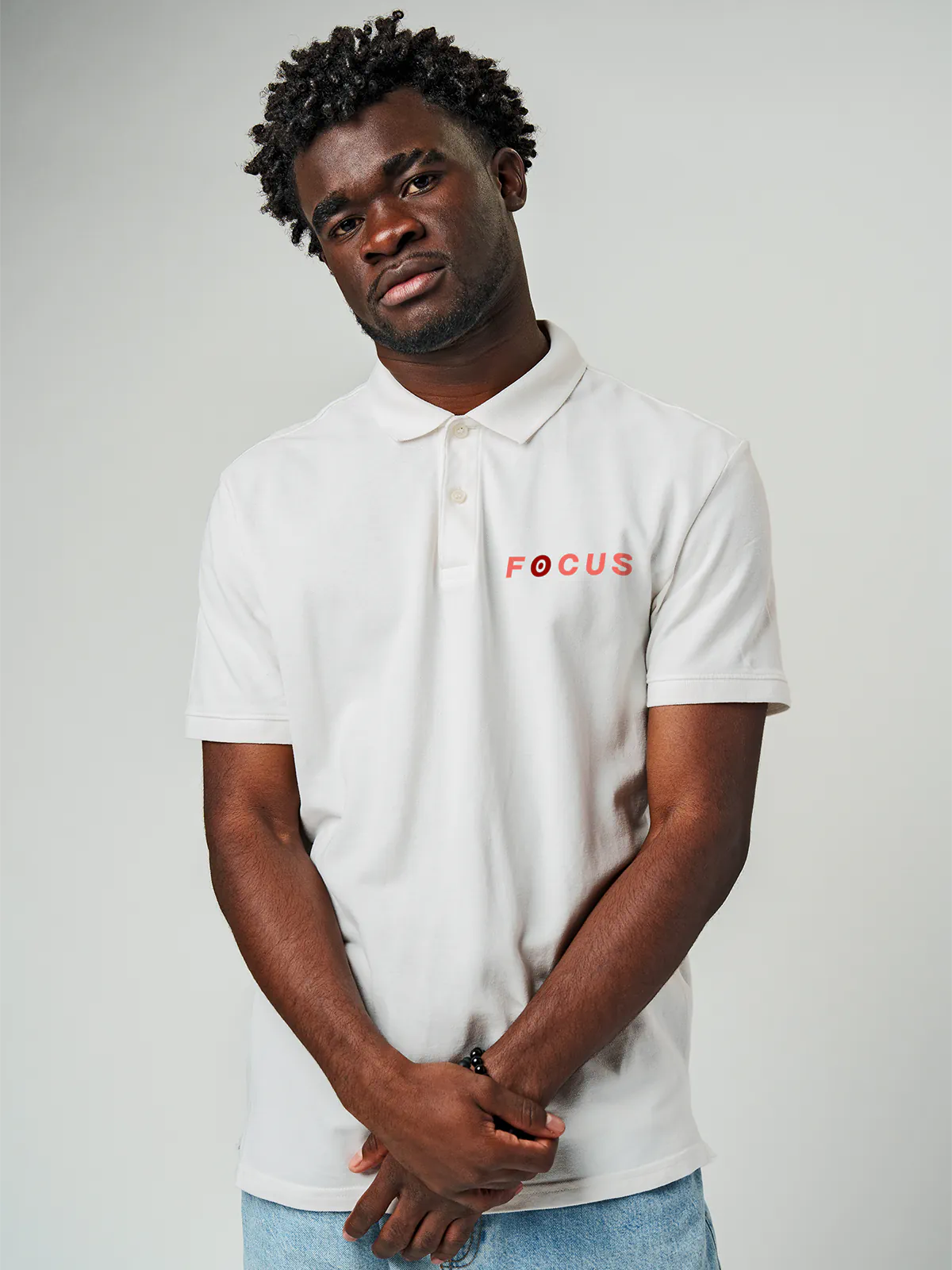 Front view of Fighterhero Men's White Collar T-shirt, highlighting the 'Focus' print design on the chest.