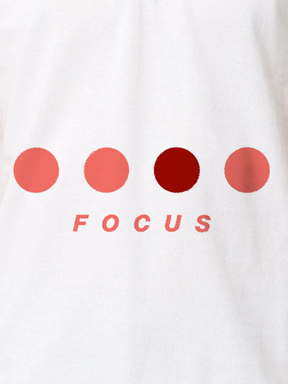 Front view of Fighterhero Women's White Collar T-shirt, highlighting the 'Focus' print design on the chest.
