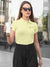 Close up of 'Focus' design on Women's Yellow Collar T-shirt, highlighting intricate details and vibrant print.