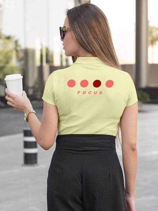 Fighterhero Polos: Model wearing Women's Yellow Polo T-shirt with 'Focus' design