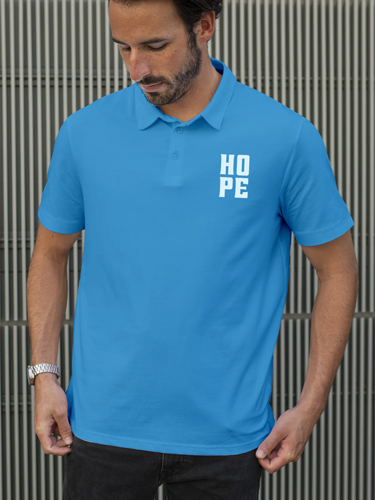 Fighterhero Polos: Model wearing Men's Blue Polo T-shirt with 'Hope' design