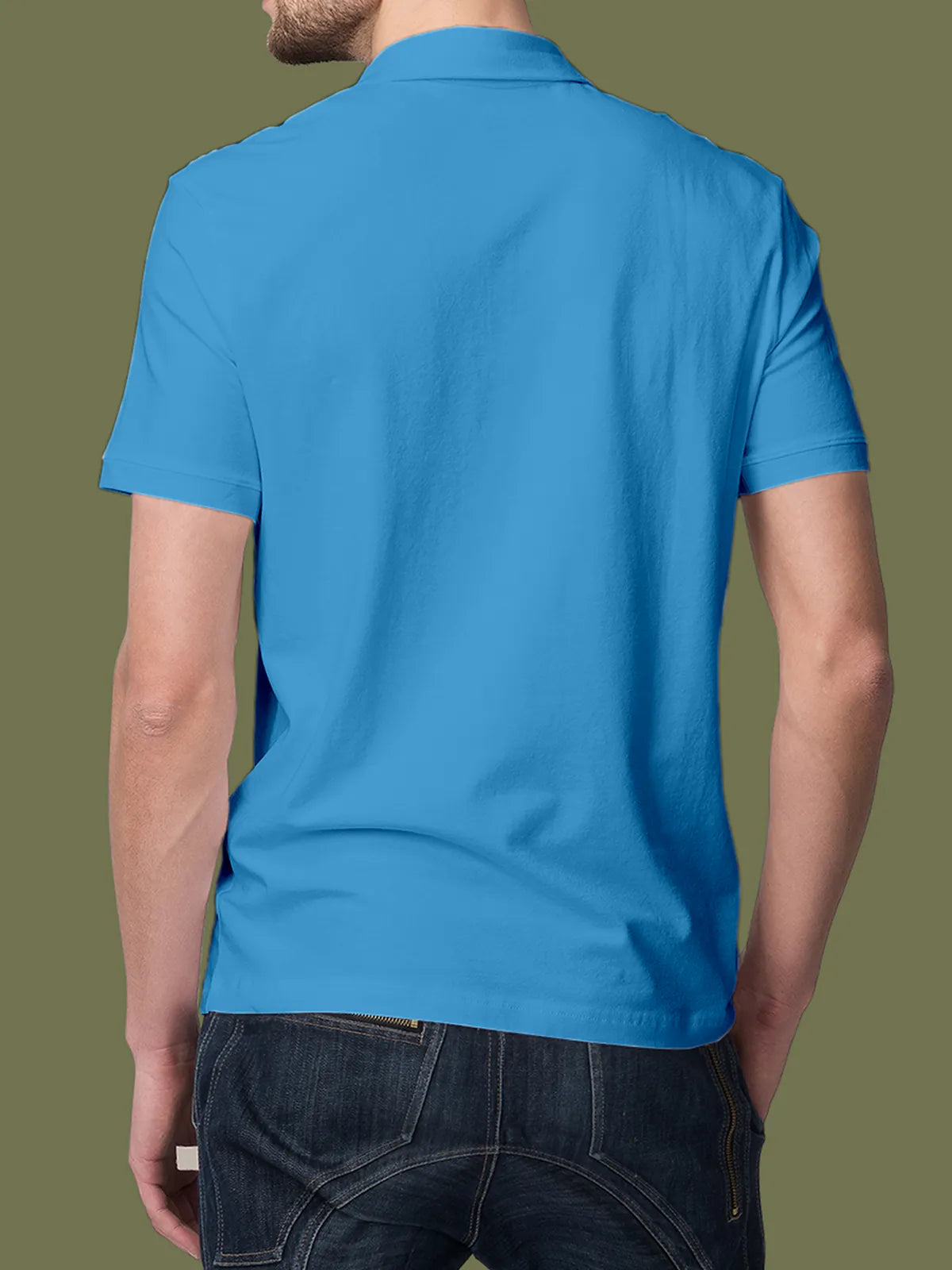 Back view of Fighterhero Men's Blue Polo T-shirt, highlighting the modern look and clean finish