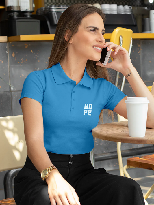 Fighterhero Polos: Model wearing Women's Blue Polo T-shirt with 'Hope' design