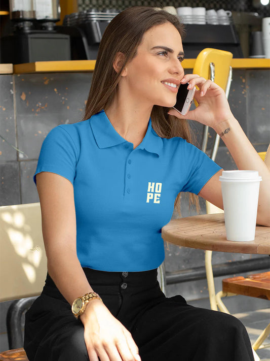 Model wearing Women's Blue Polo T-shirt with 'Hope' design, offering effortless style and premium comfort