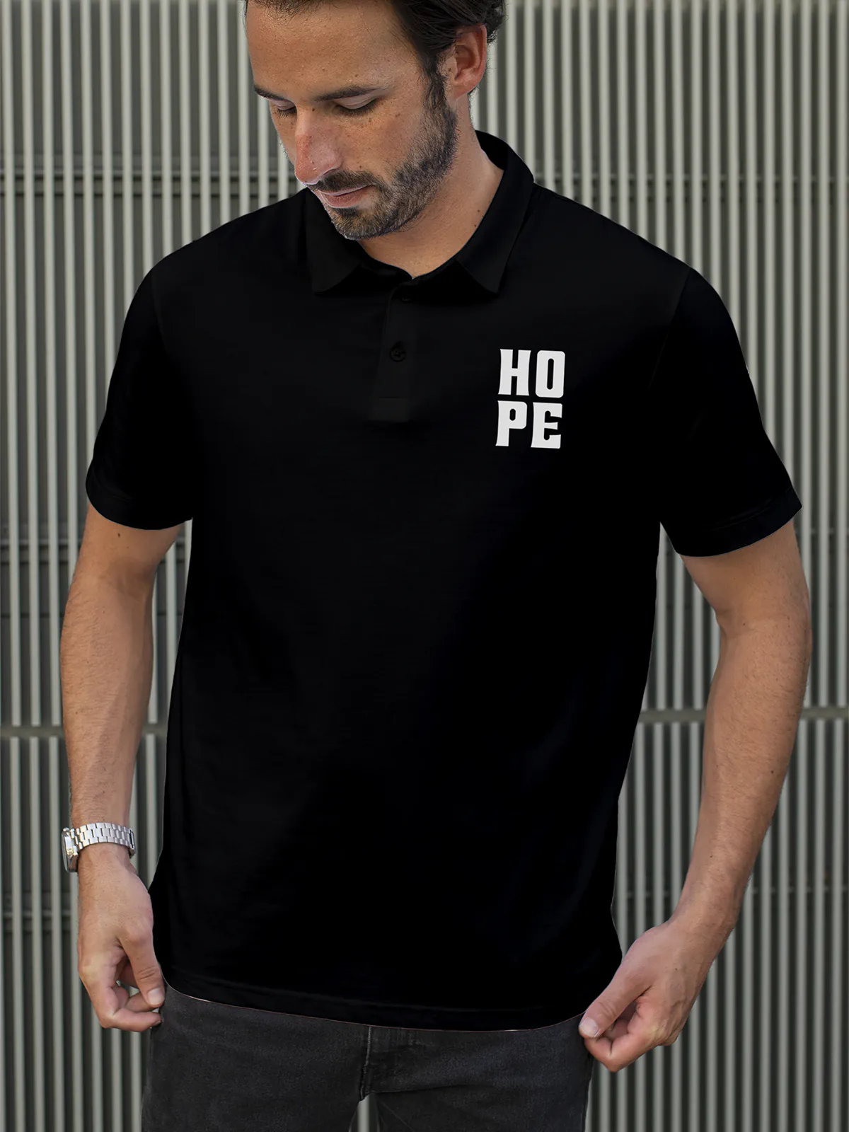 Model wearing Men's Black Polo T-shirt with Hope, offering effortless style and premium comfort