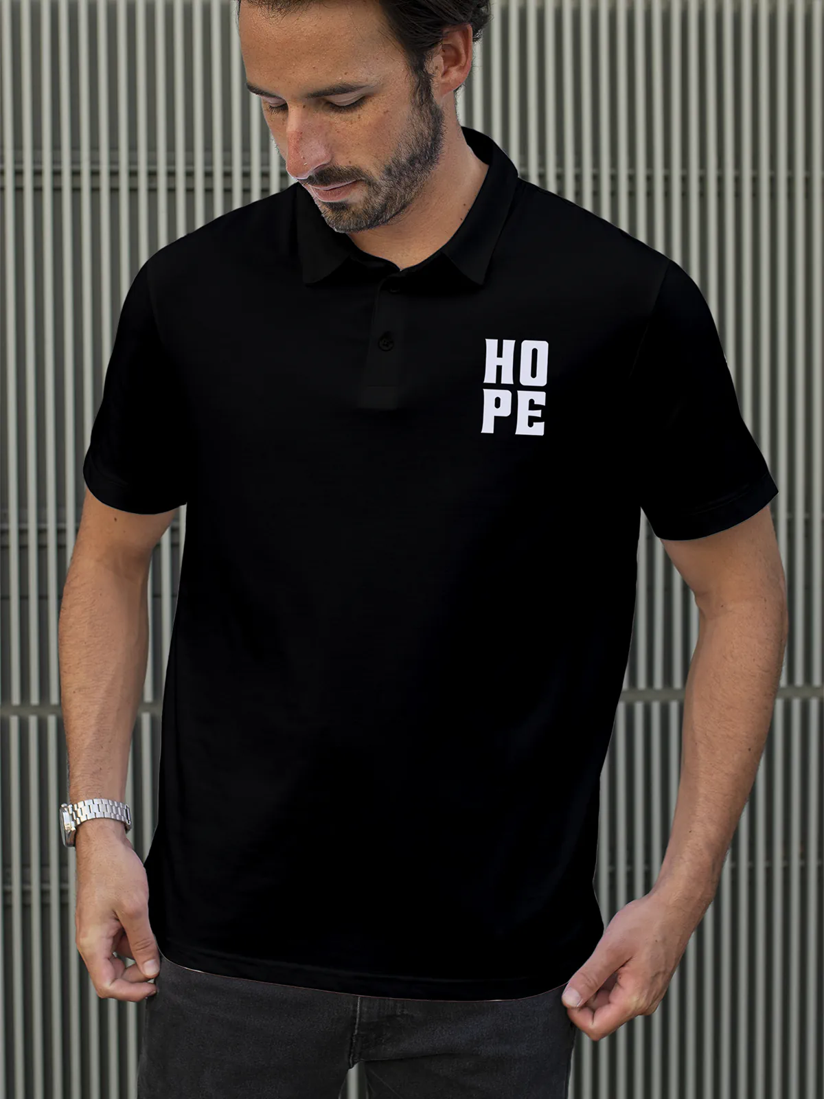 Model wearing Men's Black Polo T-shirt with Hope, offering effortless style and premium comfort