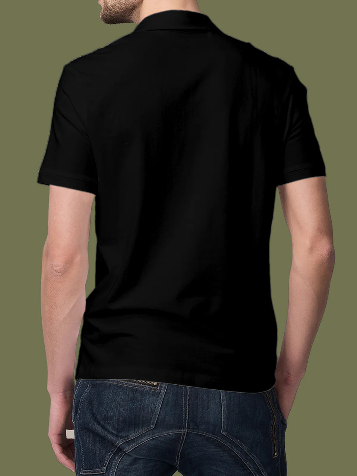 Back view of Fighterhero Men's Black Polo T-shirt, highlighting the modern look and clean finish