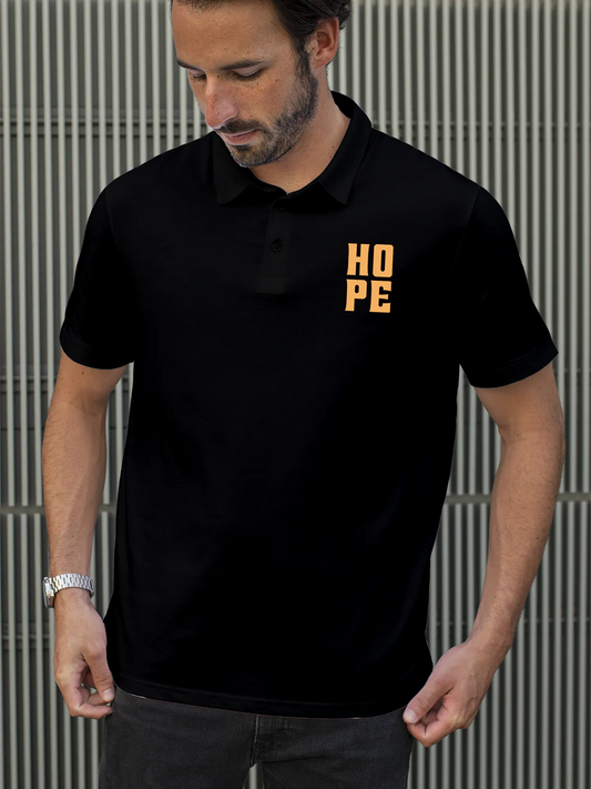 Fighterhero Polos: Model wearing Men's Black Polo T-shirt with 'Hope' design