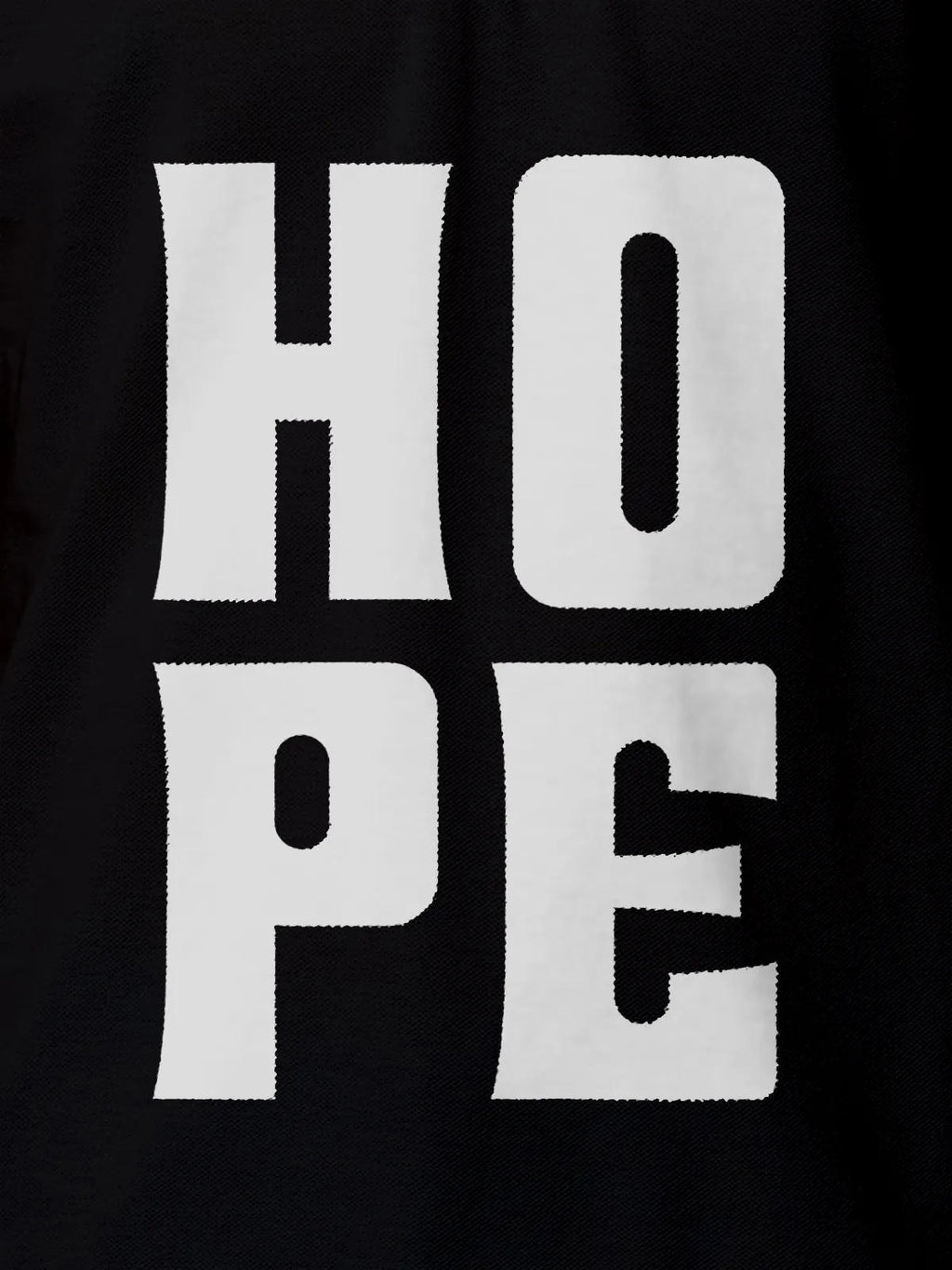 Close up of 'Hope' design on Women's Black Polo T-shirt, highlighting intricate details and vibrant print.