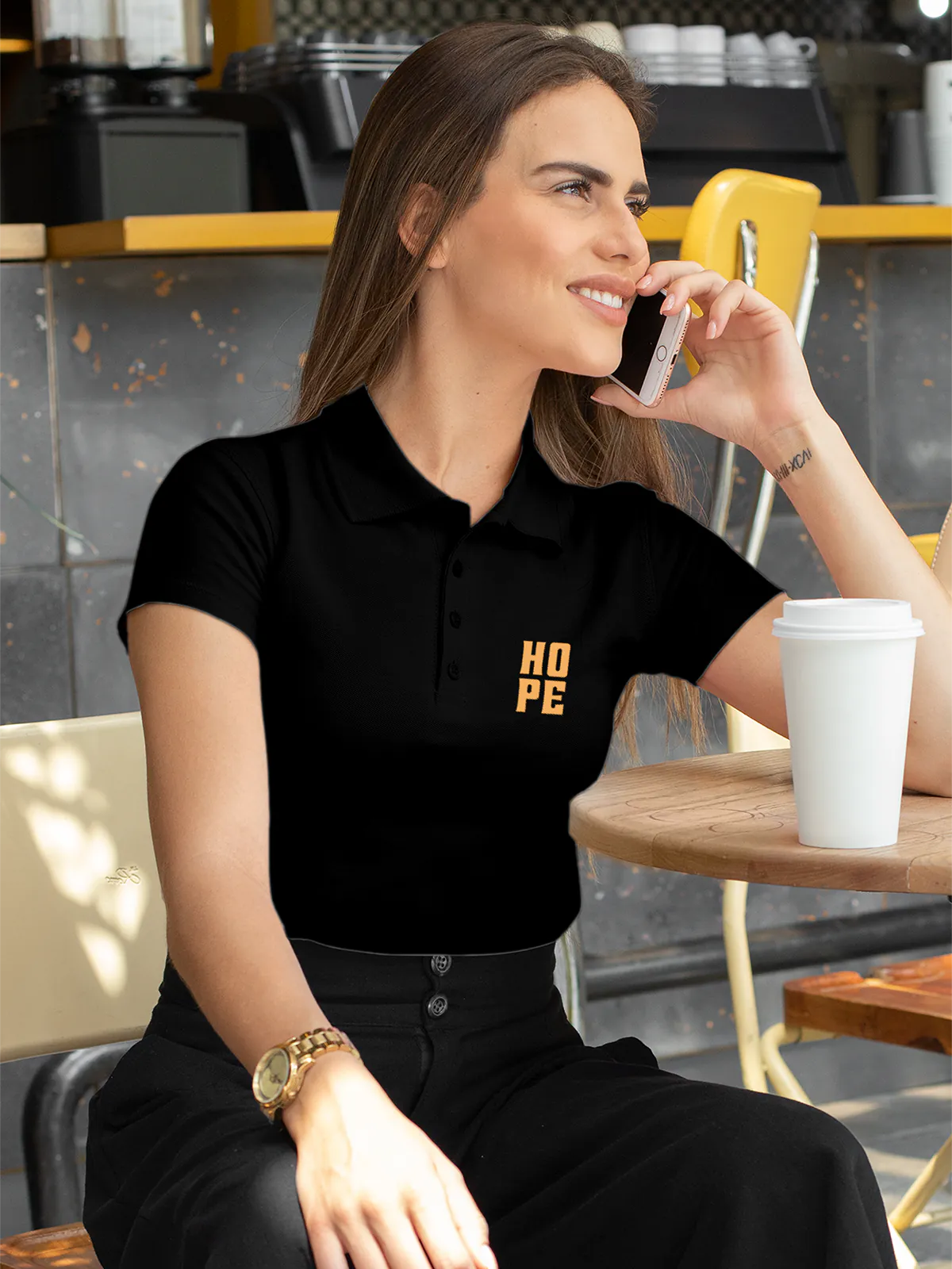 Fighterhero Polos: Model wearing Women's Black Polo T-shirt with 'Hope' design