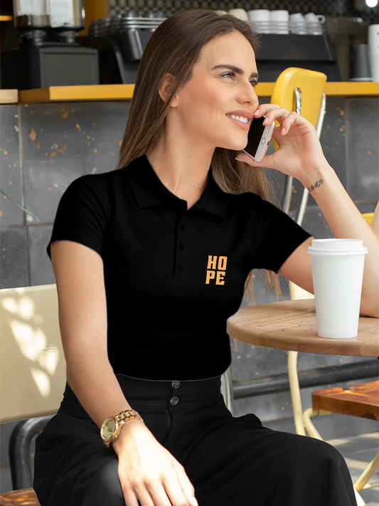 Fighterhero Polos: Model wearing Women's Black Polo T-shirt with 'Hope' design