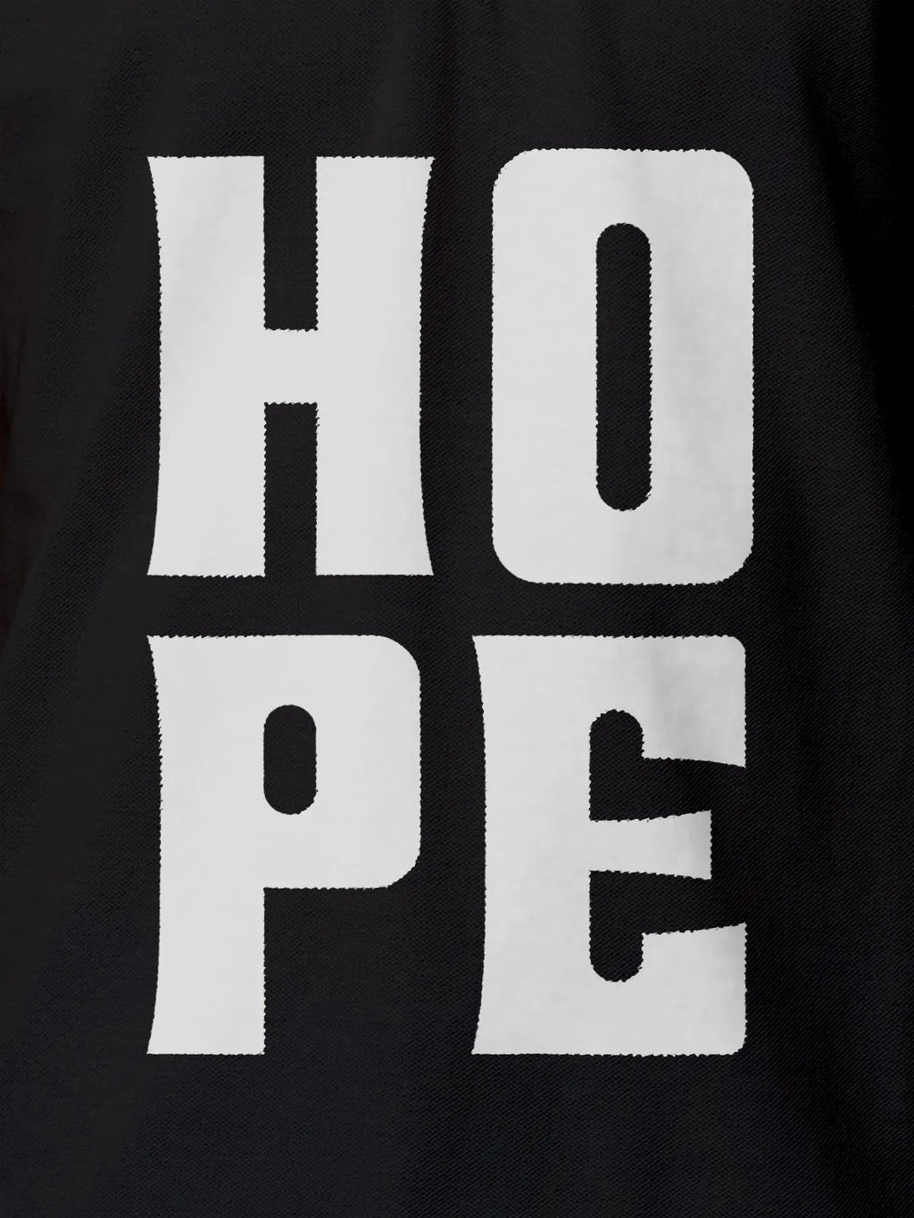 Close up of 'Hope' design on Women's Dark Grey Polo T-shirt, highlighting intricate details and vibrant print.