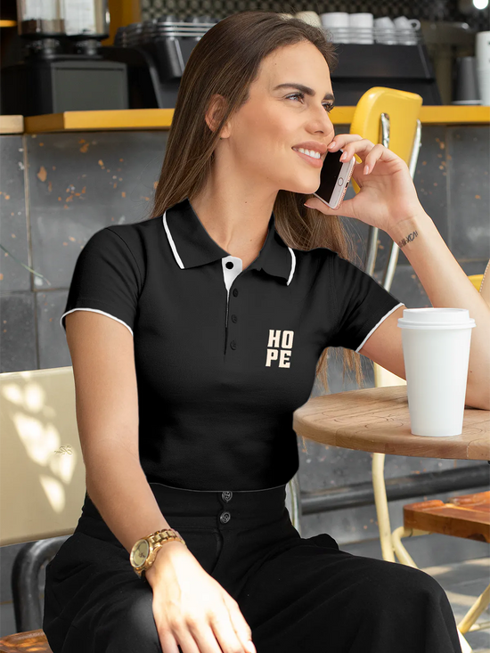 Fighterhero Polos: Model wearing Women's Dark Grey Polo T-shirt with 'Hope' design