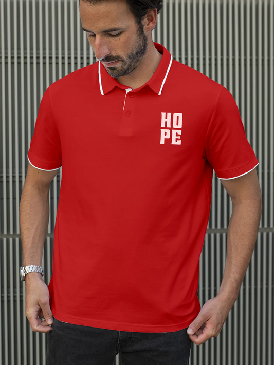 Fighterhero Polos: Model wearing Men's Red Polo T-shirt with 'Hope' design