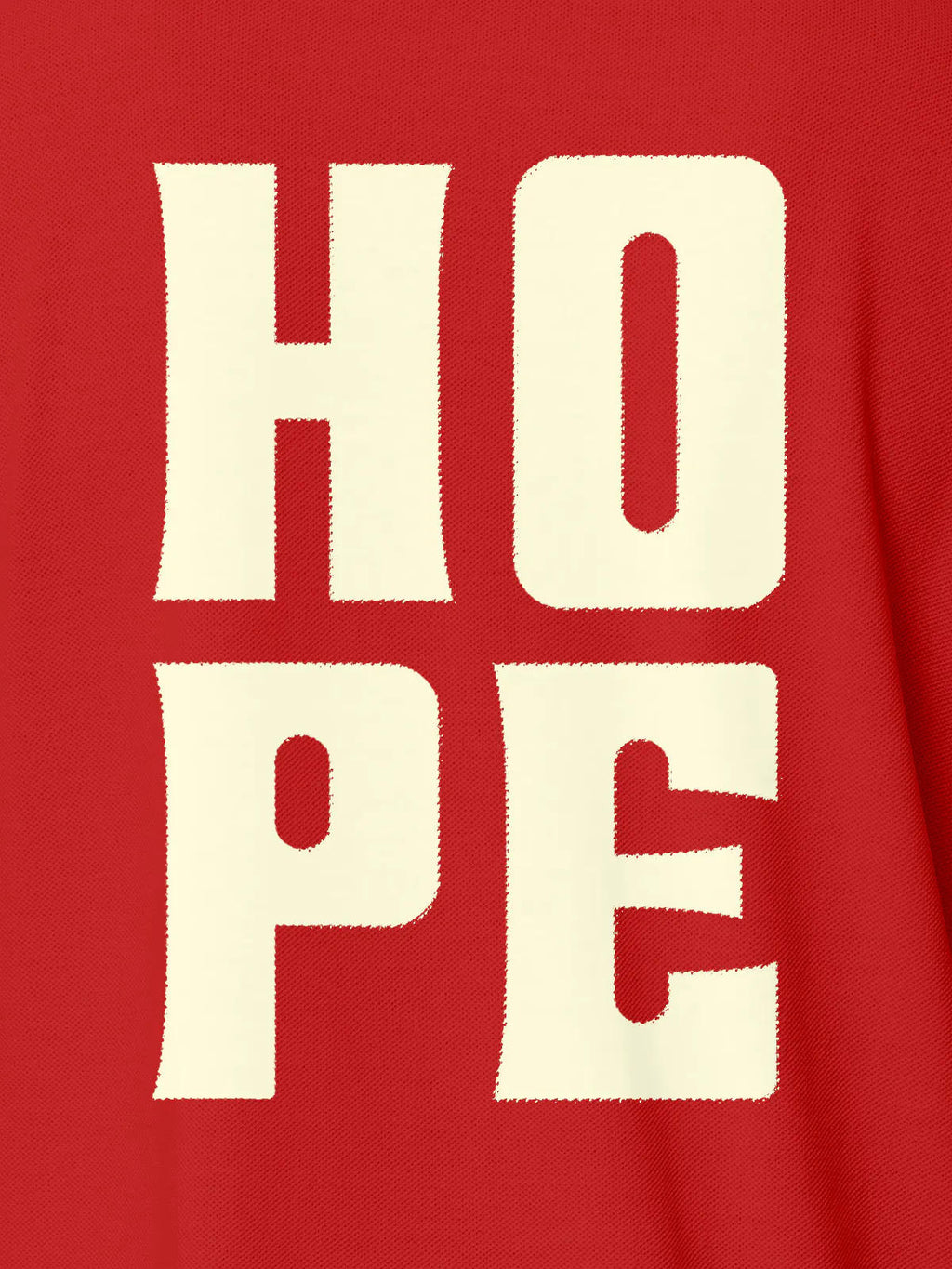 Close up of 'Hope' design on Men's Red Polo T-shirt, highlighting intricate details and vibrant print.