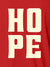 Close up of 'Hope' design on Men's Red Polo T-shirt, highlighting intricate details and vibrant print.