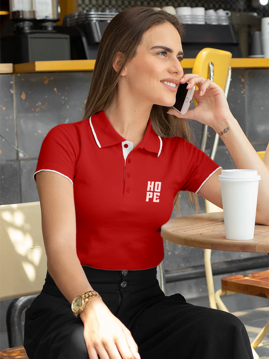 Fighterhero Polos: Model wearing Women's Red Polo T-shirt with 'Hope' design