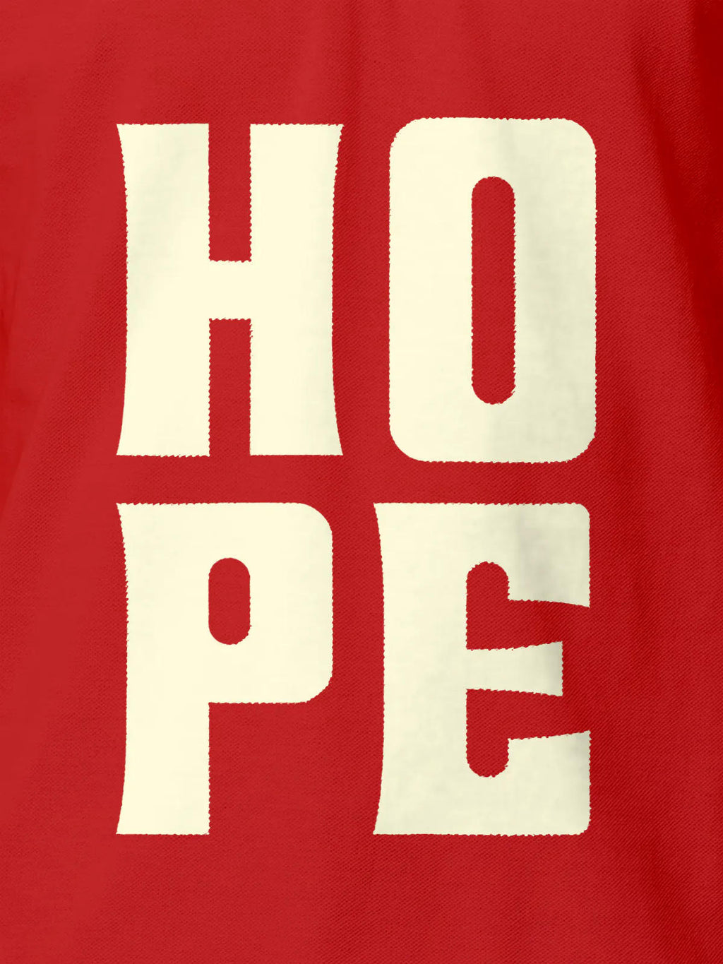 Close up of 'Hope' design on Women's Red Polo T-shirt, highlighting intricate details and vibrant print.