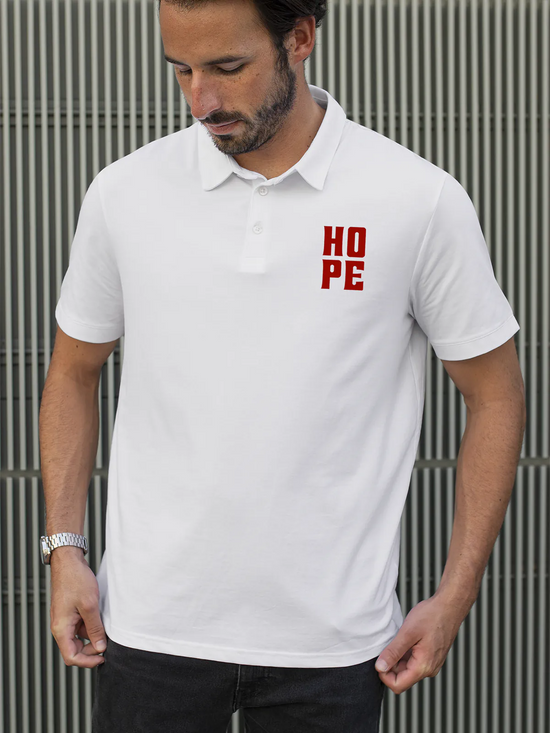 Fighterhero Polos: Model wearing Men's White Polo T-shirt with 'Hope' design