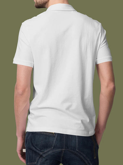 Back view of Fighterhero Men's White Polo T-shirt, highlighting the modern look and clean finish