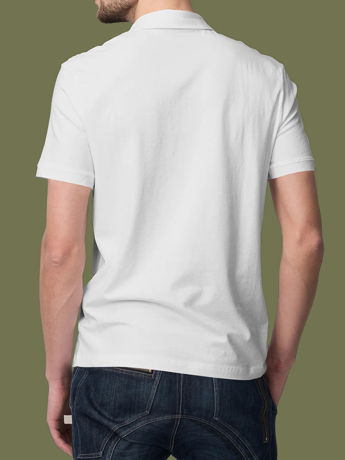 Back view of Fighterhero Men's White Polo T-shirt, highlighting the modern look and clean finish