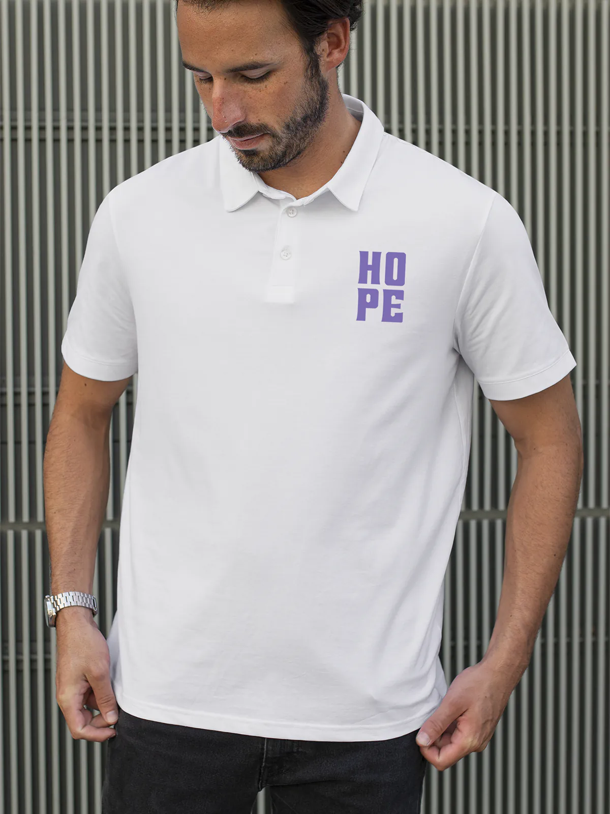 Model wearing Men's White Polo T-shirt with Hope, offering effortless style and premium comfort
