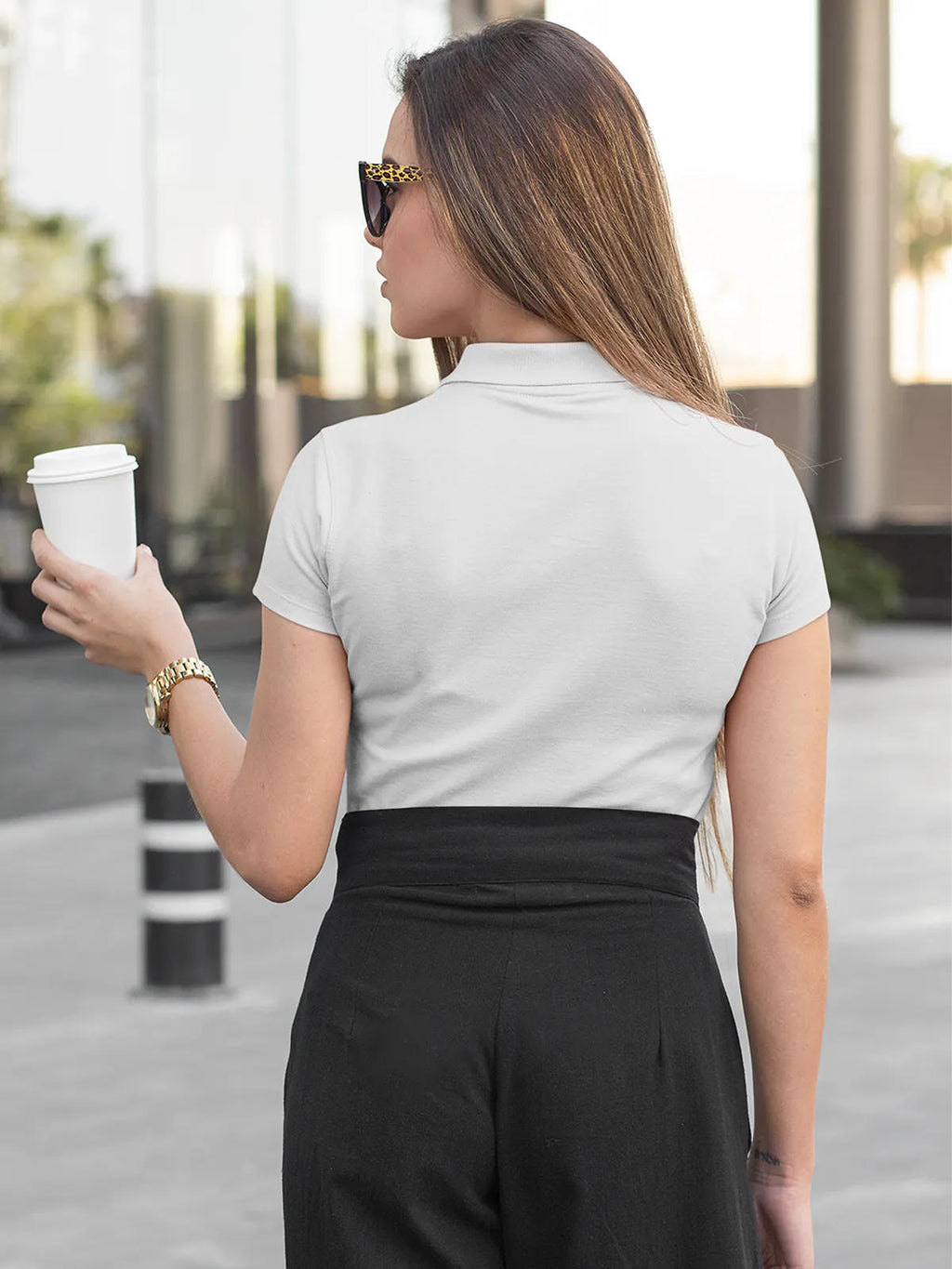 Back view of Fighterhero Women's White Polo T-shirt, highlighting the modern look and clean finish