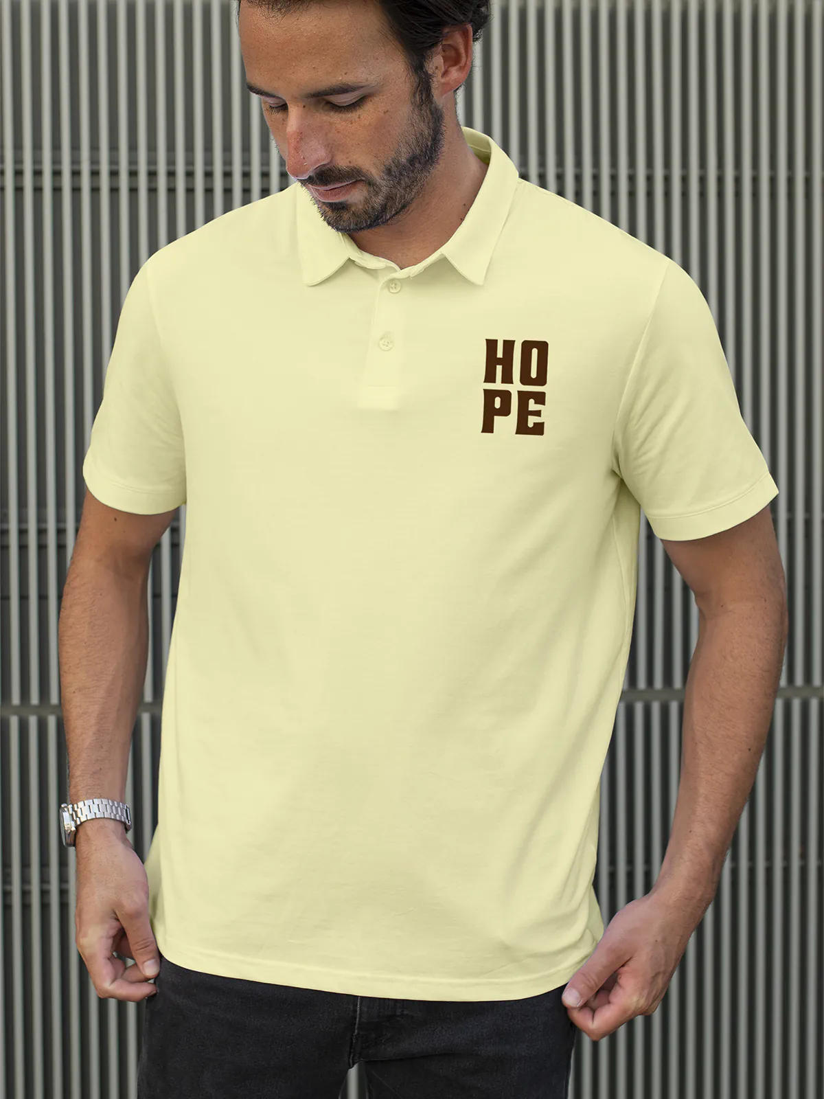 Model wearing Men's Yellow Polo T-shirt with 'Hope' design, offering effortless style and premium comfort