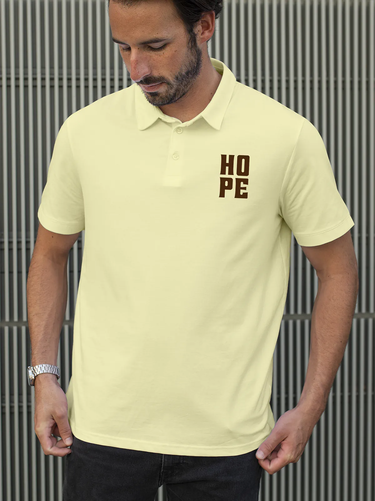 Model wearing Men's Yellow Polo T-shirt with Hope, offering effortless style and premium comfort
