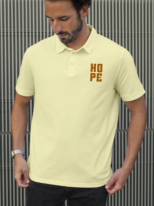 Fighterhero Polos: Model wearing Men's Yellow Polo T-shirt with 'Hope' design