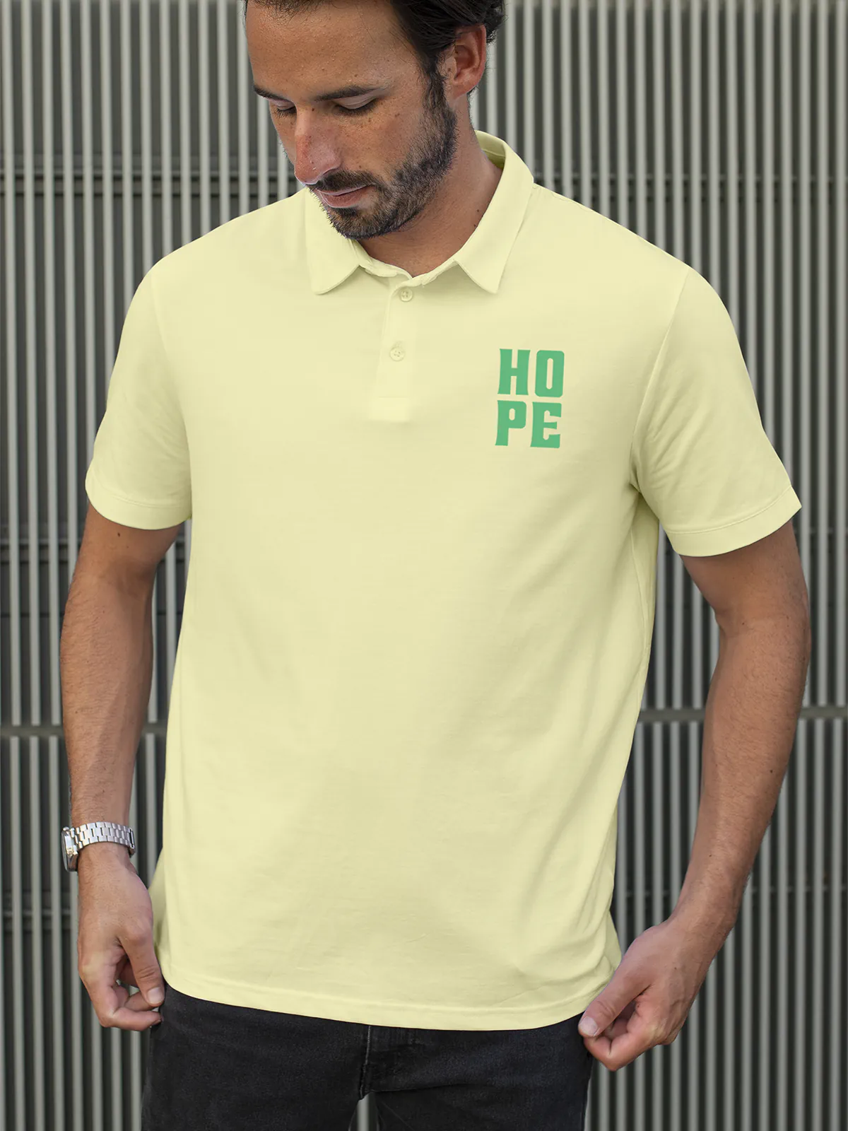 Model wearing Men's Yellow Polo T-shirt with Hope, offering effortless style and premium comfort