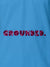 Close up of 'Grounded' design on Men's Blue Polo T-shirt, highlighting intricate details and vibrant print.