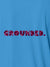 Close up of 'Grounded' design on Women's Blue Polo T-shirt, highlighting intricate details and vibrant print.