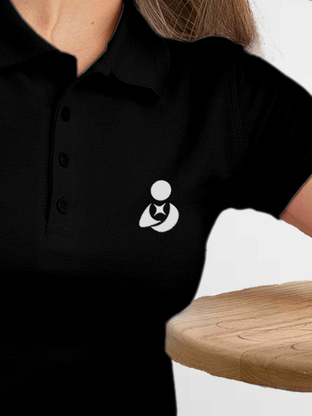 Back view of Fighterhero Women's Black Polo T-shirt, highlighting the modern look and clean finish