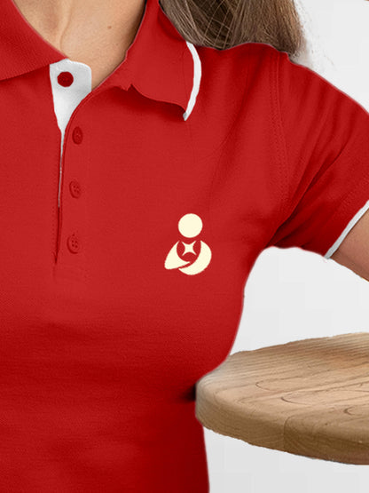 Back view of Fighterhero Women's Red Polo T-shirt, highlighting the modern look and clean finish