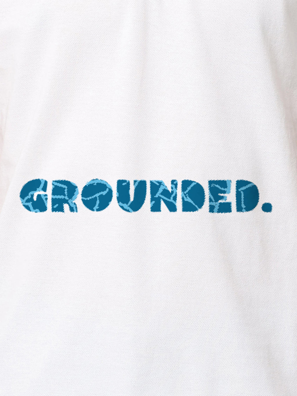 Close up of 'Grounded' design on Men's White Polo T-shirt, highlighting intricate details and vibrant print.