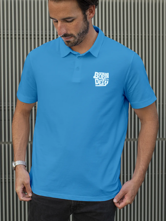 Fighterhero Polos: Model wearing Men's Blue Polo T-shirt with 'Born To Defy' design