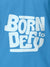Close up of 'Born To Defy' design on Men's Blue Polo T-shirt, highlighting intricate details and vibrant print.