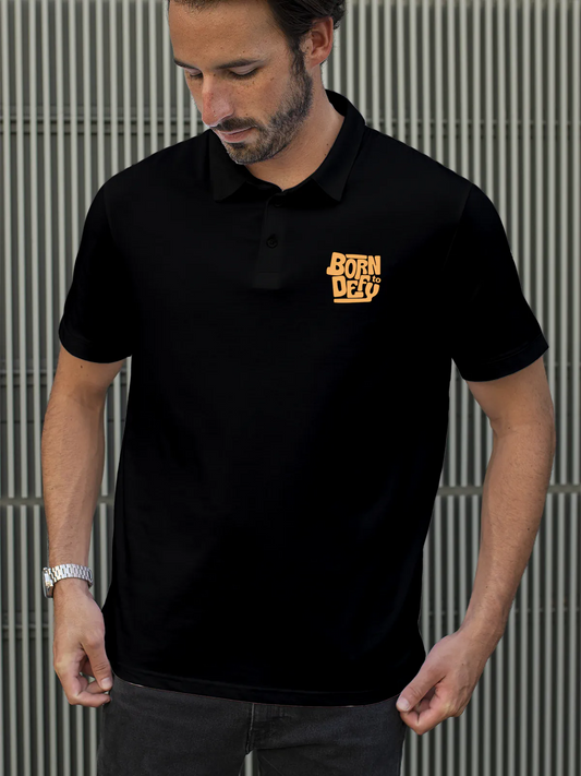 Fighterhero Polos: Model wearing Men's Black Polo T-shirt with 'Born To Defy' design