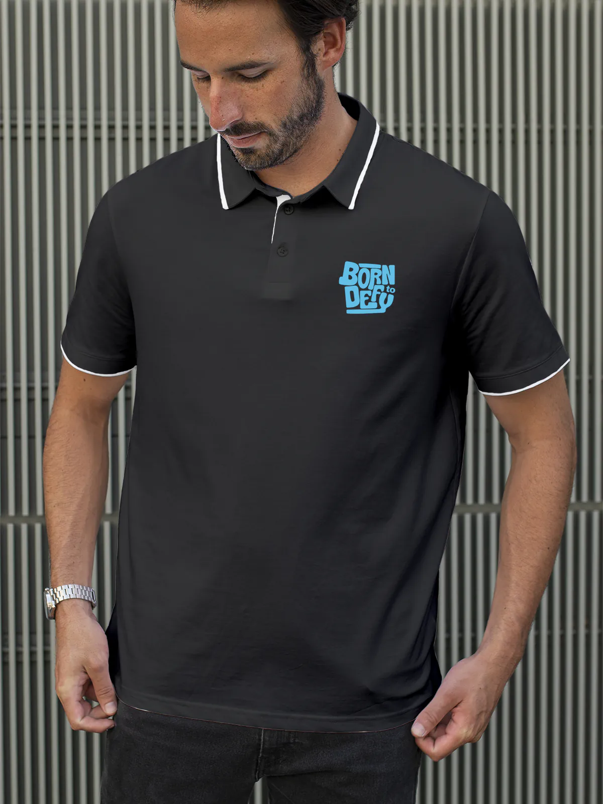 Model wearing Men's Dark Grey Polo T-shirt with Born To Defy, offering effortless style and premium comfort