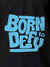 Close up of 'Born To Defy' design on Men's Dark Grey Polo T-shirt, highlighting intricate details and vibrant print.