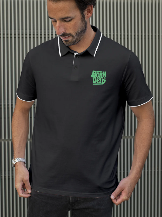Fighterhero Polos: Model wearing Men's Dark Grey Polo T-shirt with 'Born To Defy' design
