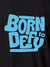 Close up of 'Born To Defy' design on Women's Dark Grey Polo T-shirt, highlighting intricate details and vibrant print.