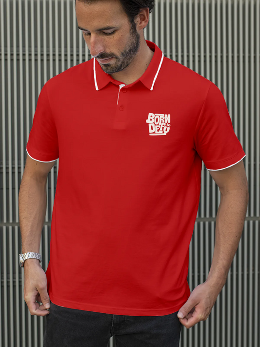 Fighterhero Polos: Model wearing Men's Red Polo T-shirt with 'Born To Defy' design
