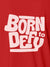 Close up of 'Born To Defy' design on Women's Red Polo T-shirt, highlighting intricate details and vibrant print.