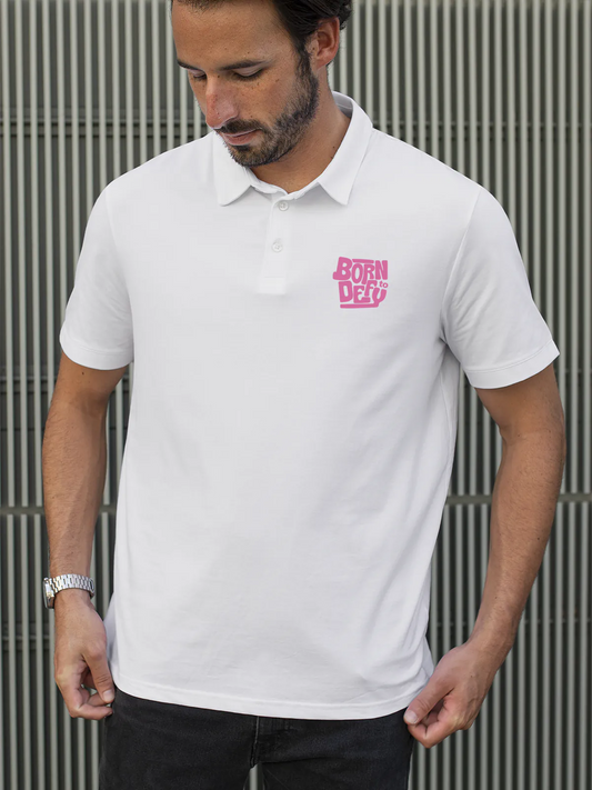 Fighterhero Polos: Model wearing Men's White Polo T-shirt with 'Born To Defy' design