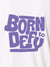 Close up of 'Born To Defy' design on Women's White Polo T-shirt, highlighting intricate details and vibrant print.